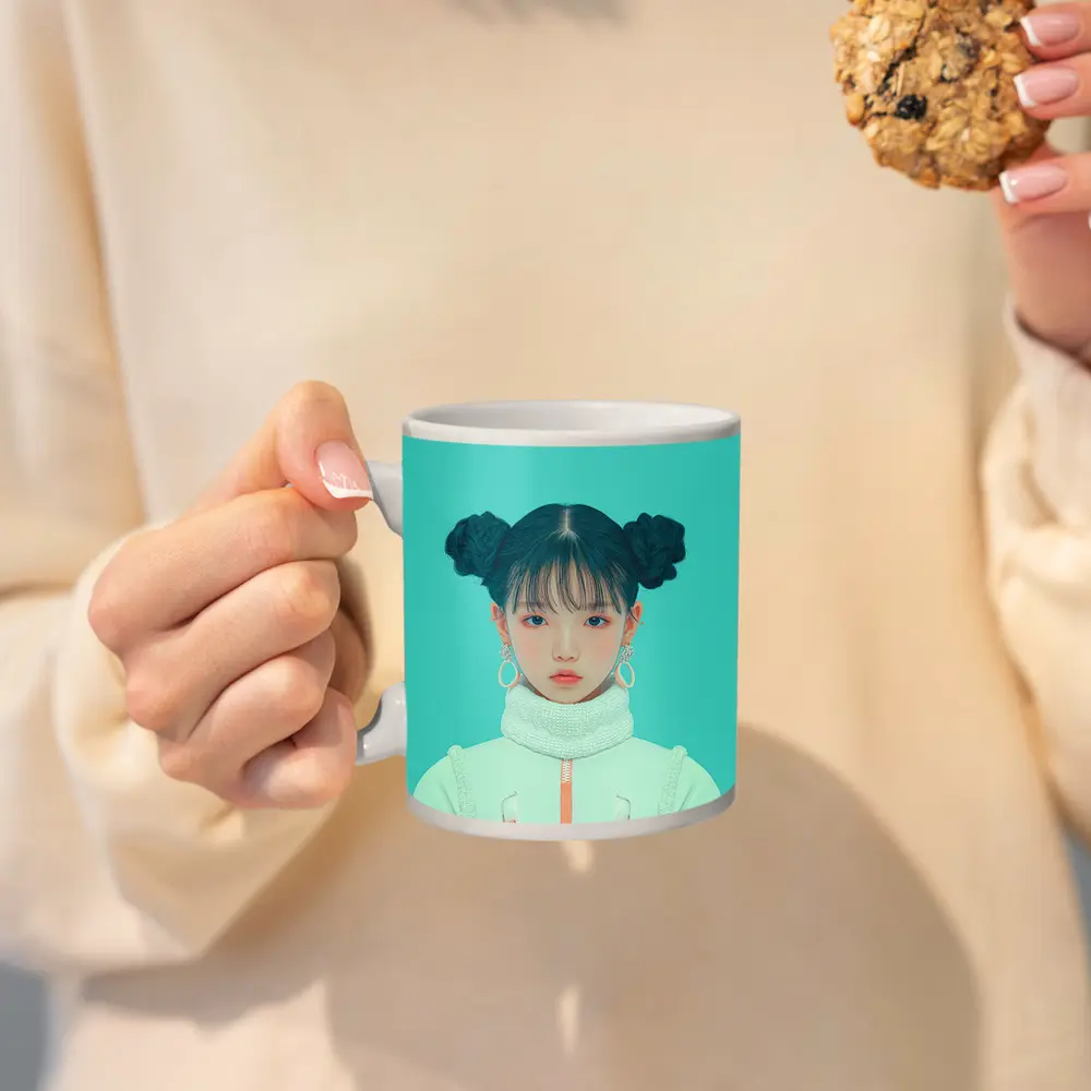 K-Pop Girl Space Jacket Teal Background – Mugs