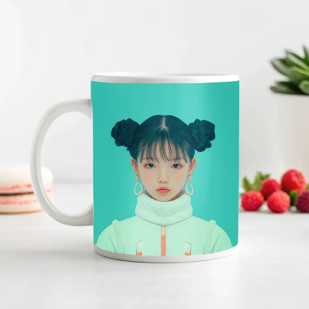 K-Pop Girl Space Jacket Teal Background – Mugs