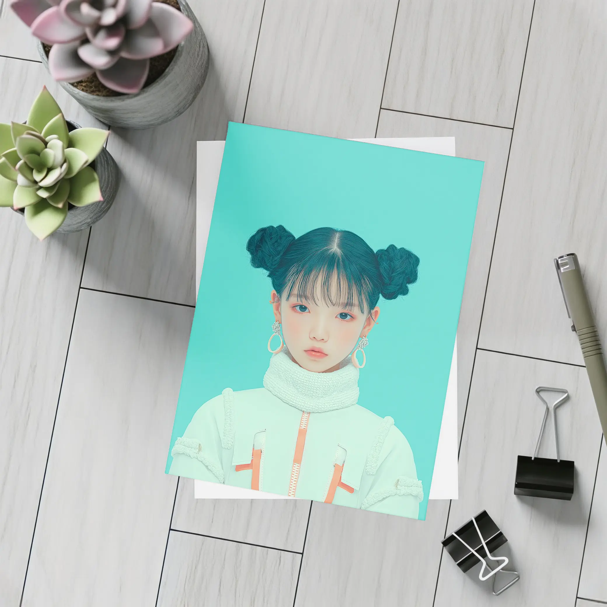 K-Pop Girl Space Jacket Teal Background – Postcards