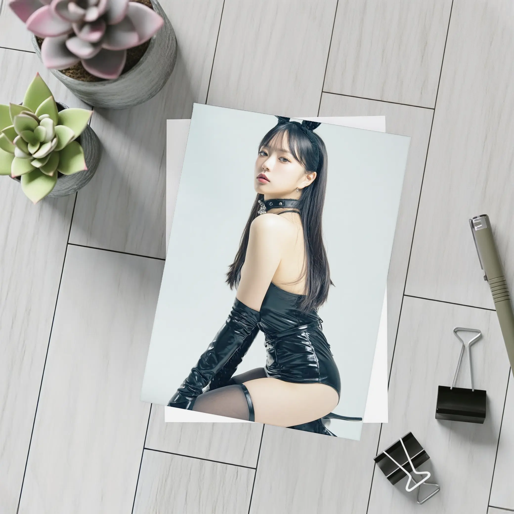 Bunny Girl Black Latex Costume White Background – Postcards