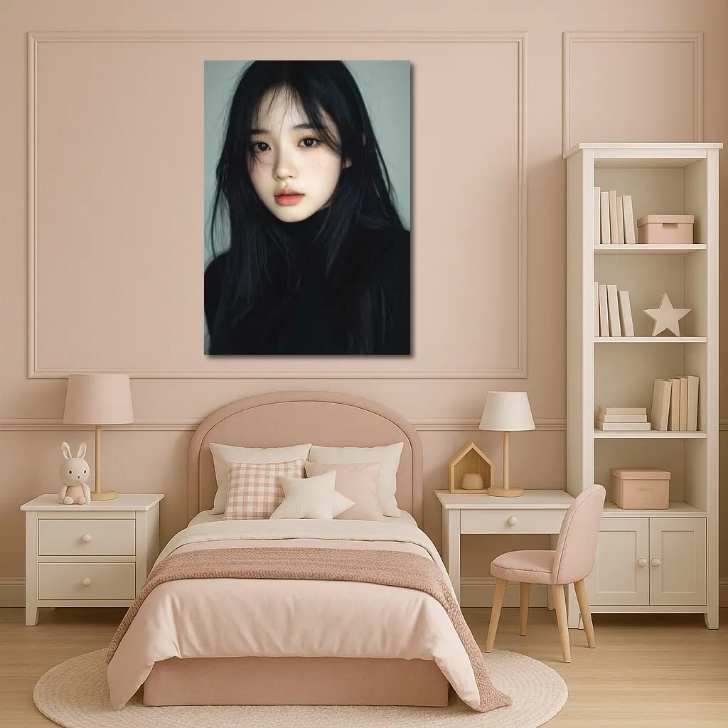 Korean Girl Portrait Dark Hair Gray Background – Wall Art