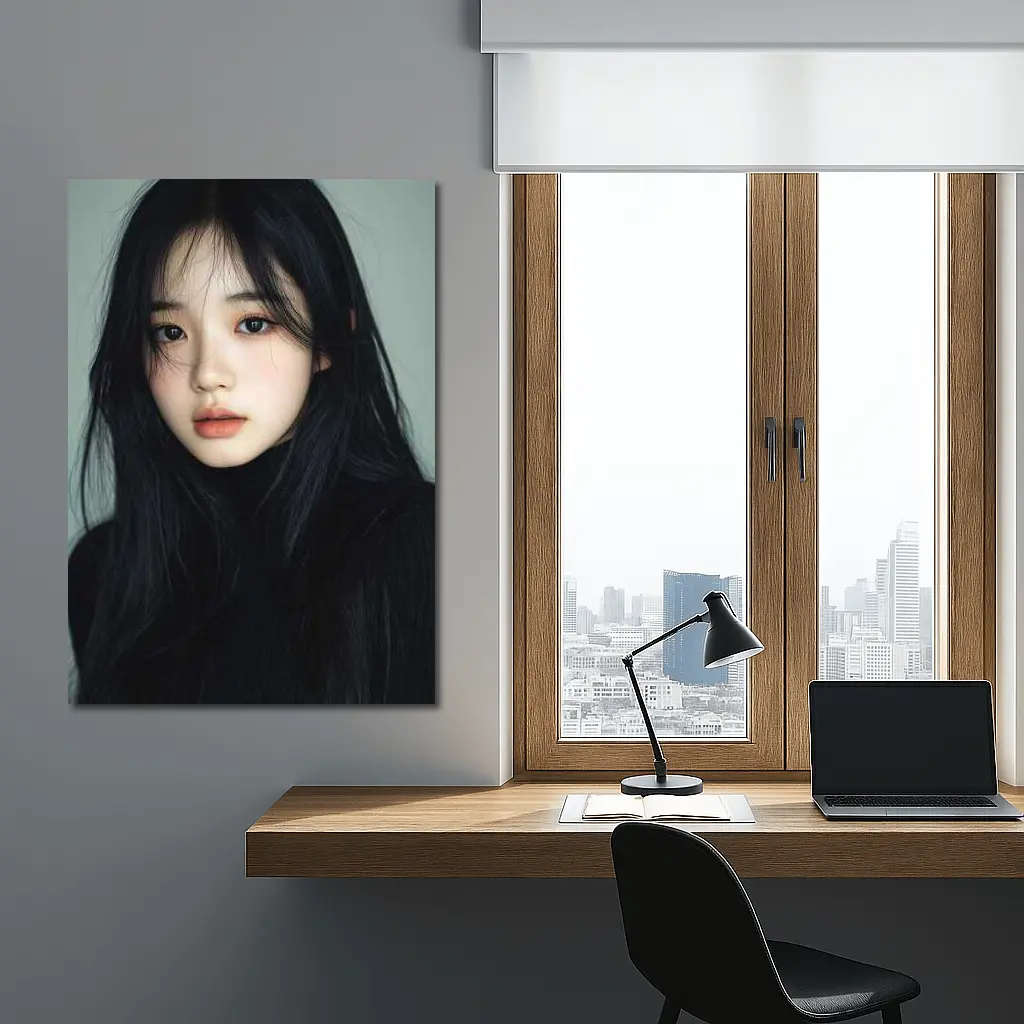 Korean Girl Portrait Dark Hair Gray Background – Wall Art
