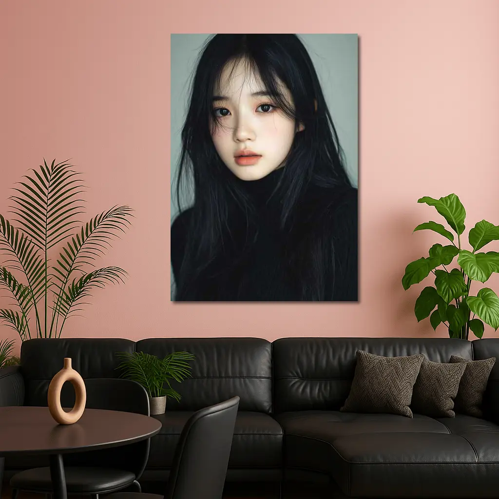 Korean Girl Portrait Dark Hair Gray Background – Wall Art