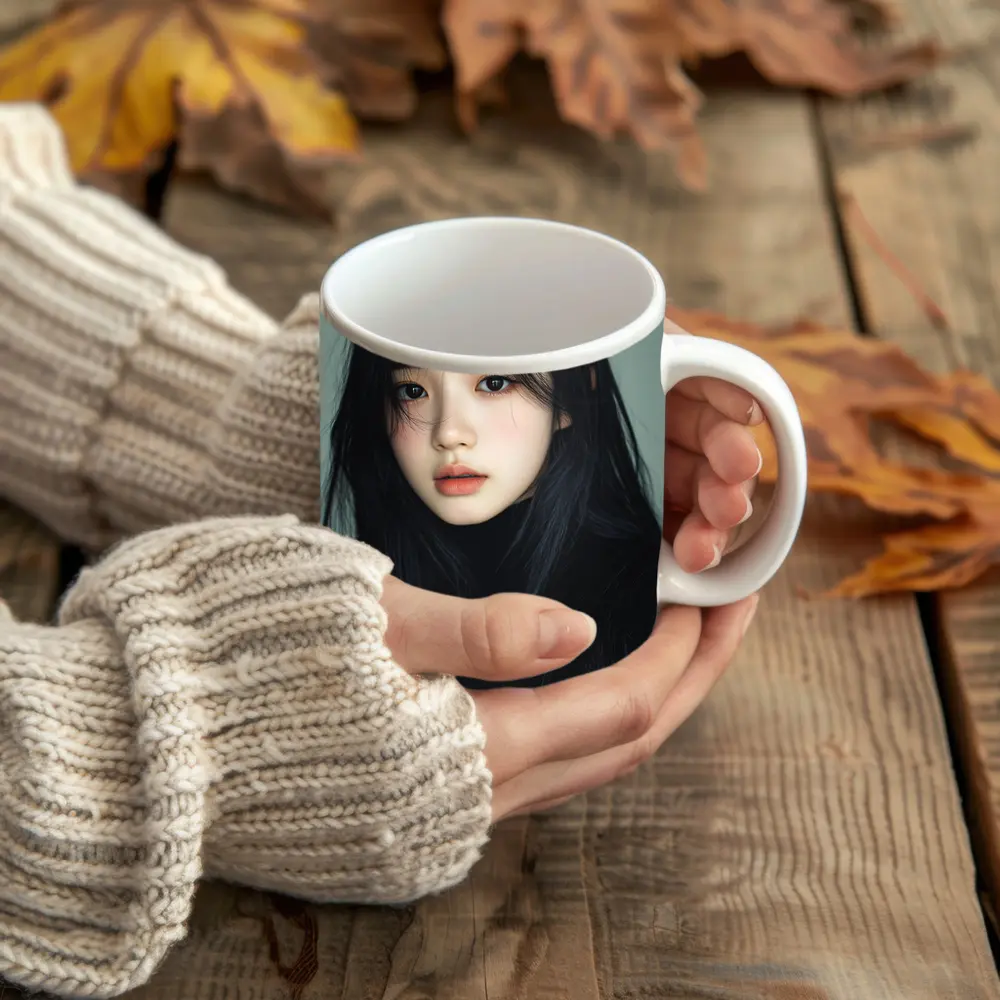Korean Girl Portrait Dark Hair Gray Background – Mugs