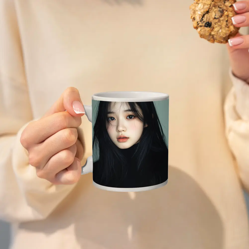 Korean Girl Portrait Dark Hair Gray Background – Mugs