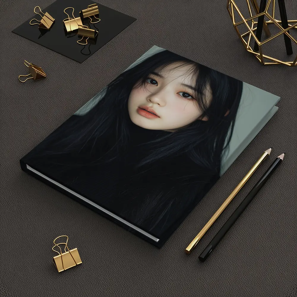 Korean Girl Portrait Dark Hair Gray Background – Notebooks