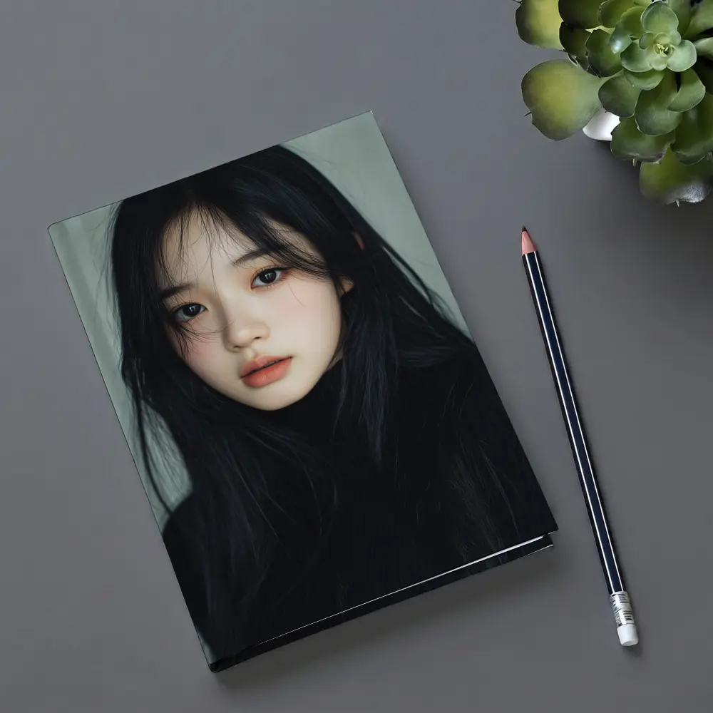 Korean Girl Portrait Dark Hair Gray Background – Notebooks