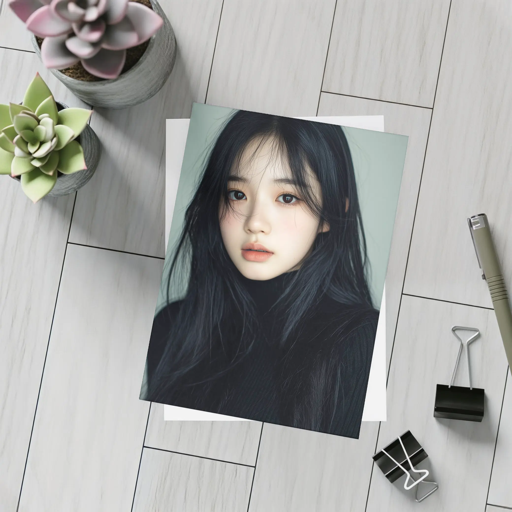 Korean Girl Portrait Dark Hair Gray Background – Postcards
