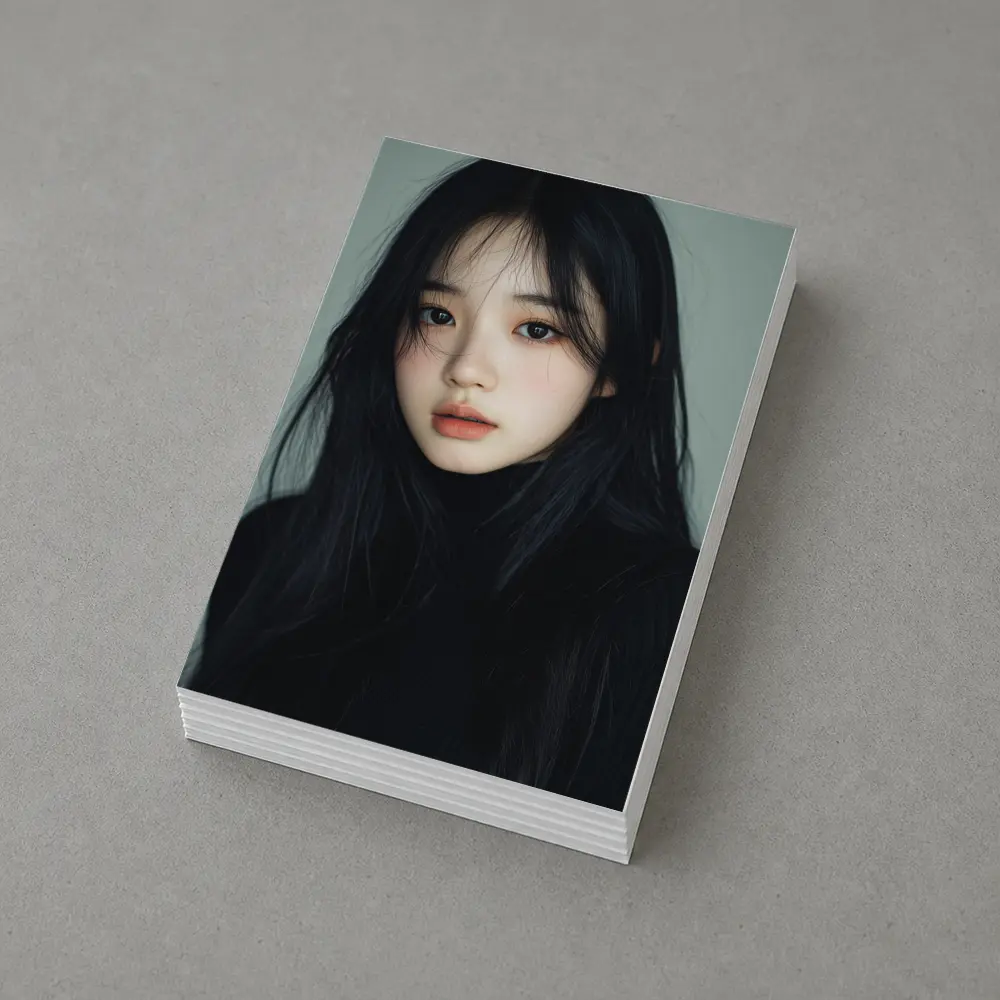 Korean Girl Portrait Dark Hair Gray Background – Postcards