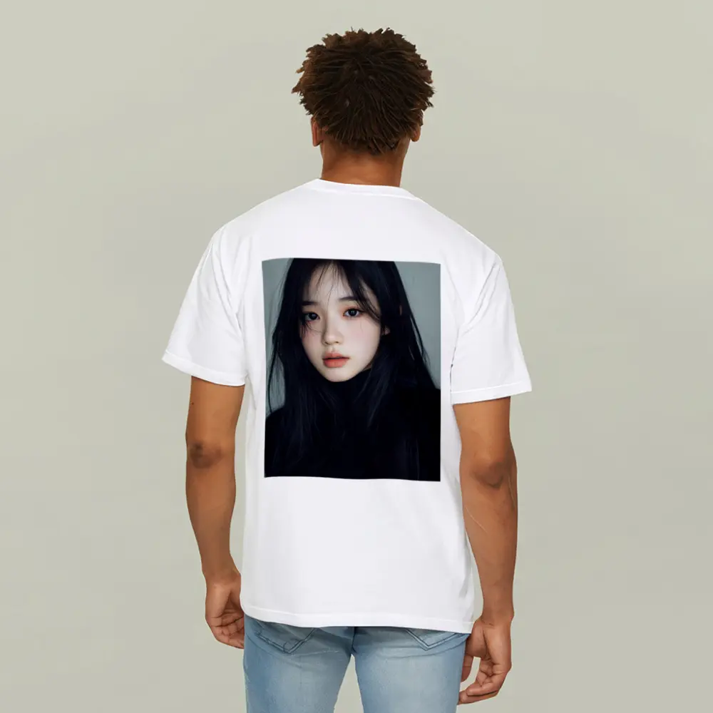 Korean Girl Portrait Dark Hair Gray Background – T-Shirts