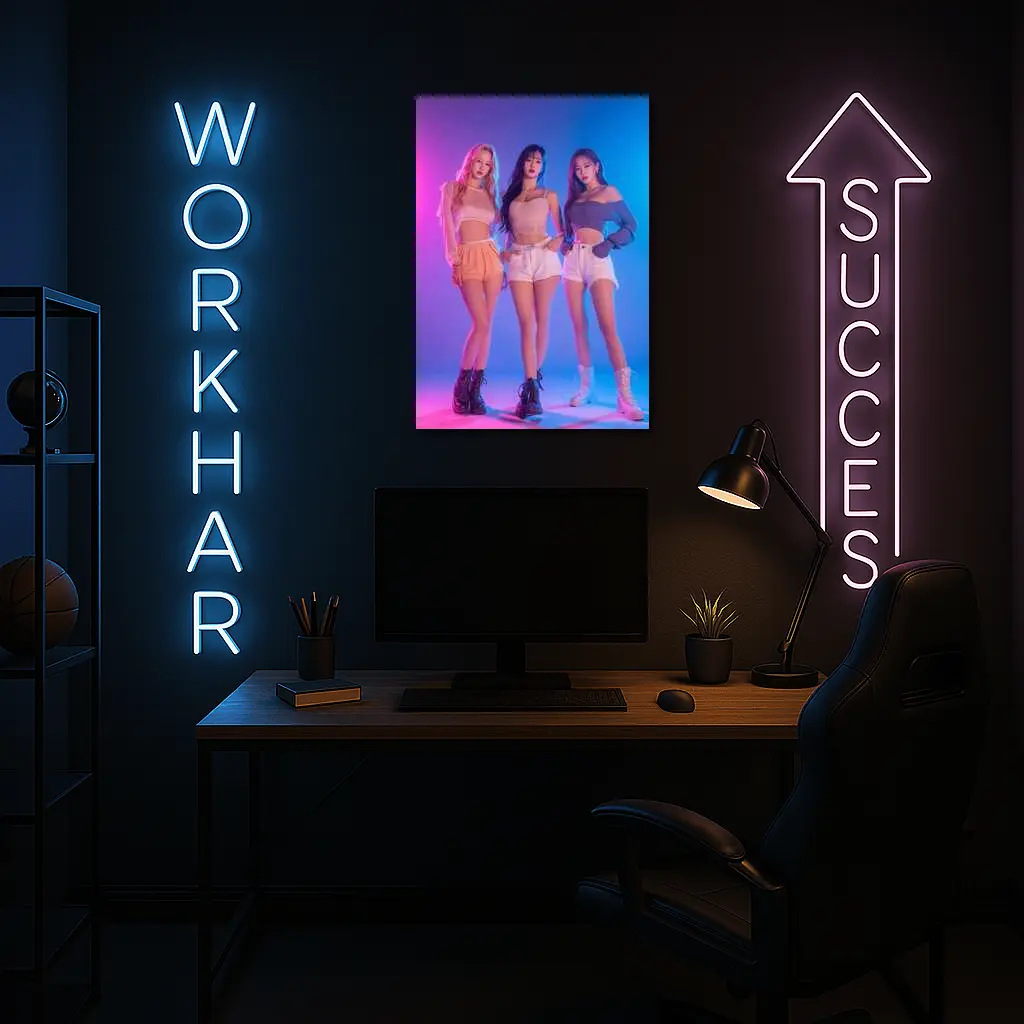 K-Pop Girl Group Neon Blue Pink Background – Wall Art