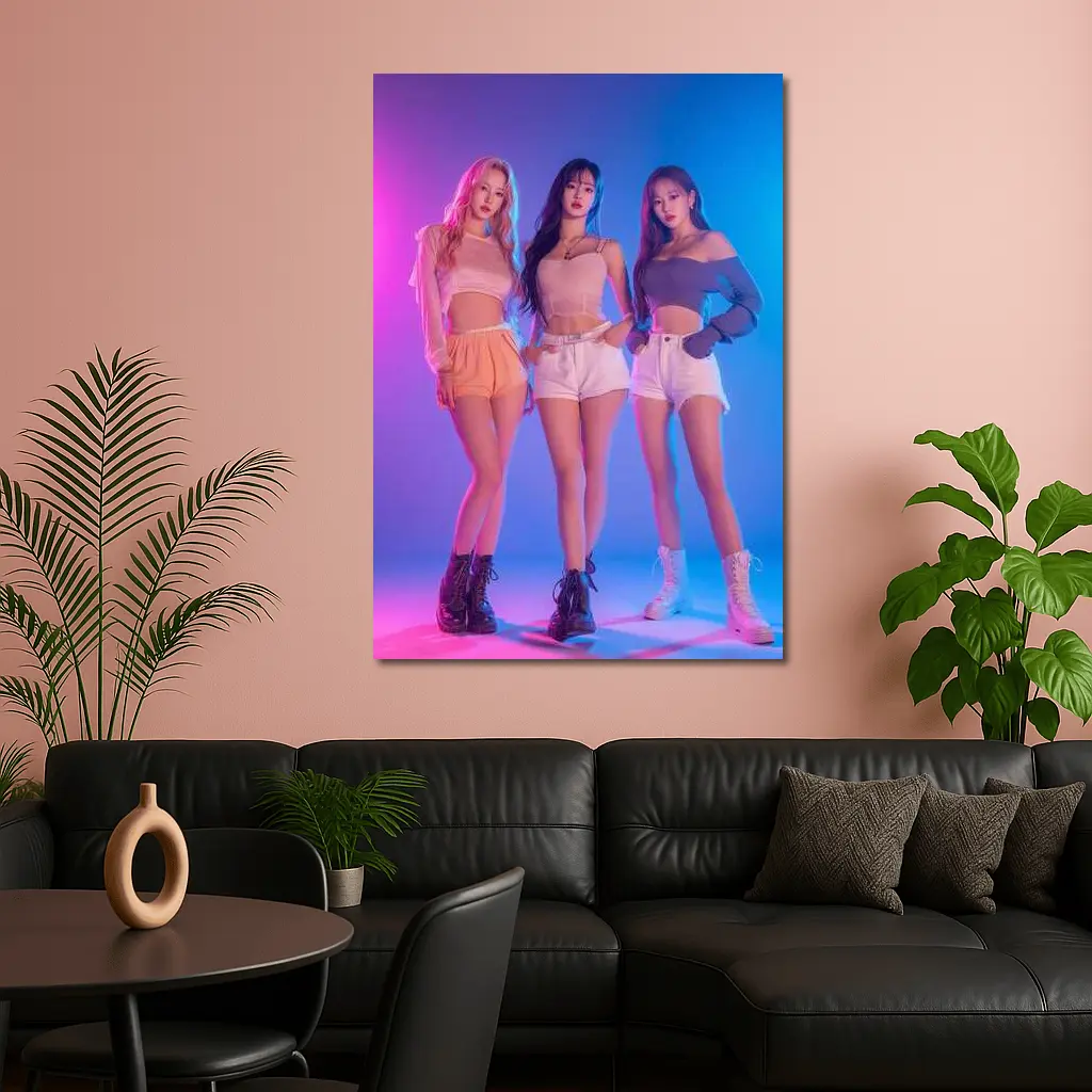 K-Pop Girl Group Neon Blue Pink Background – Wall Art