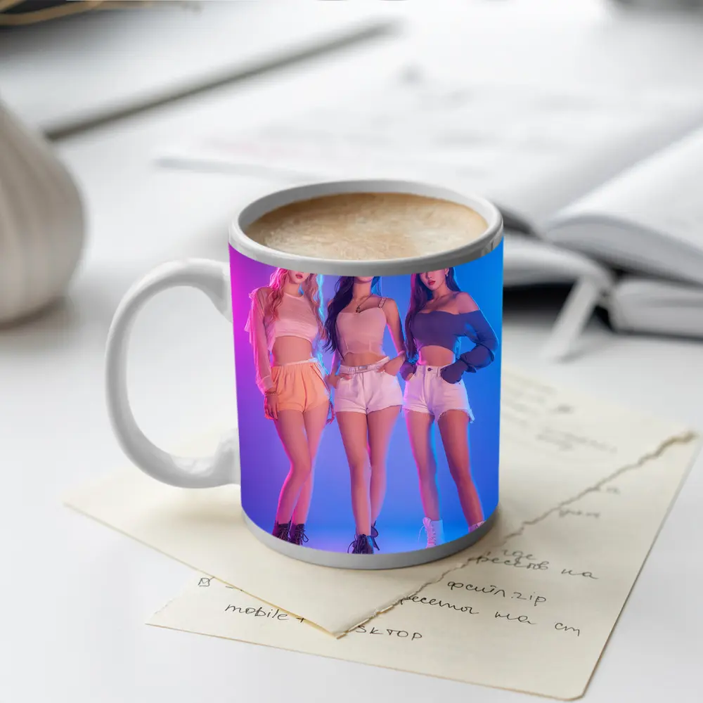 K-Pop Girl Group Neon Blue Pink Background – Mugs