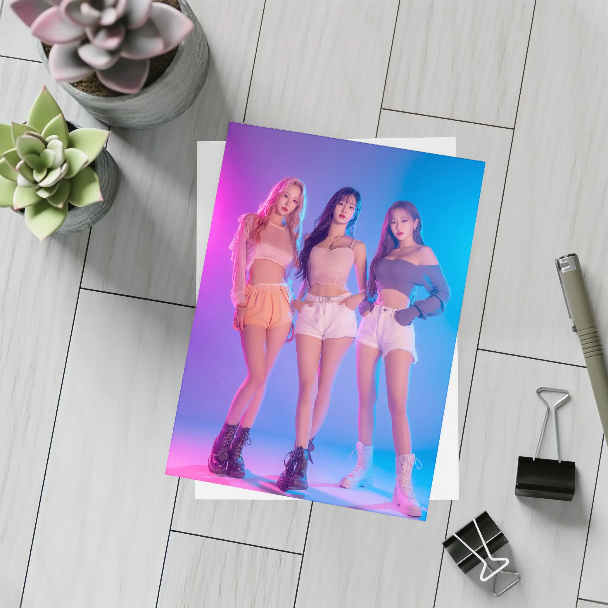 K-Pop Girl Group Neon Blue Pink Background – Postcards
