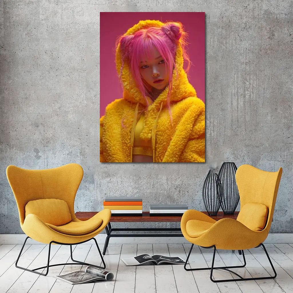 Pink Hair Girl Yellow Hoodie Pink Background – Wall Art