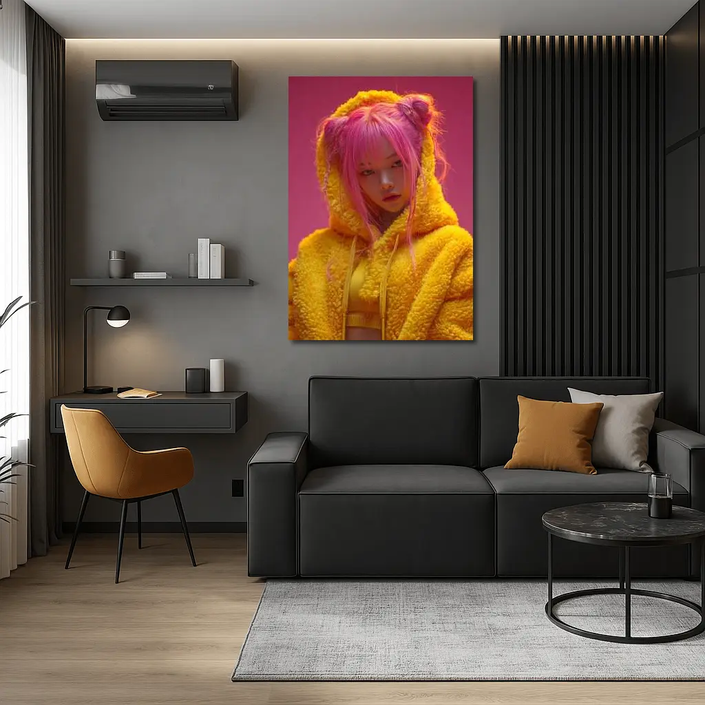 Pink Hair Girl Yellow Hoodie Pink Background – Wall Art