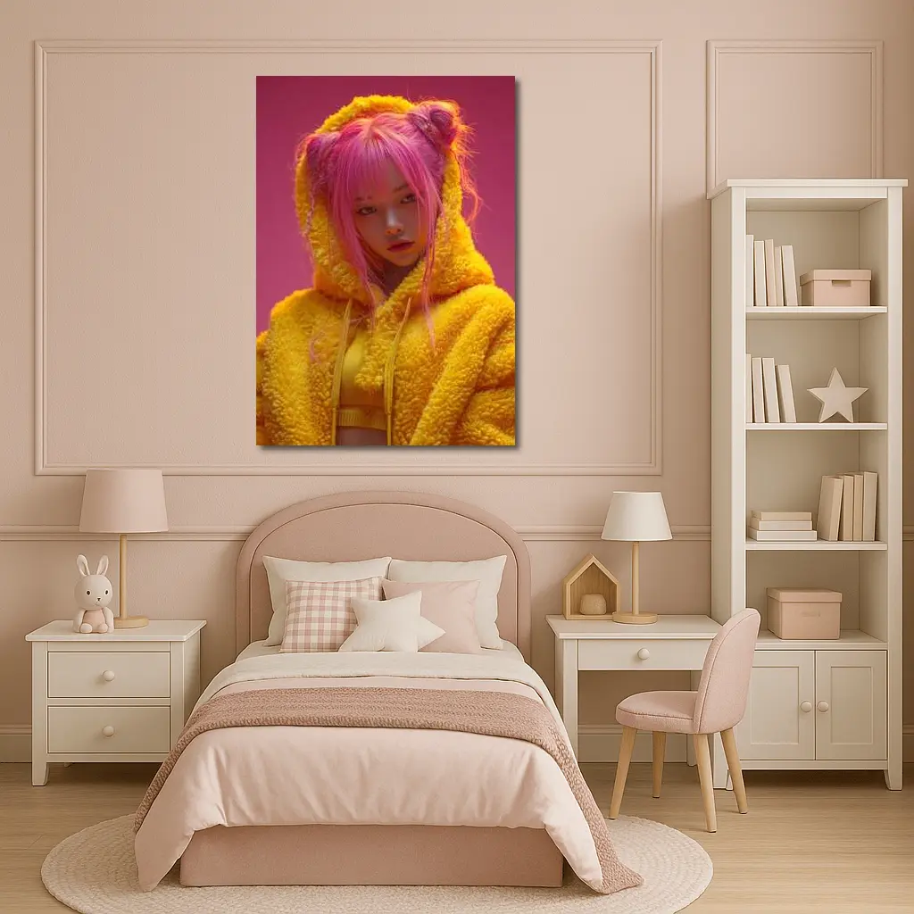 Pink Hair Girl Yellow Hoodie Pink Background – Wall Art