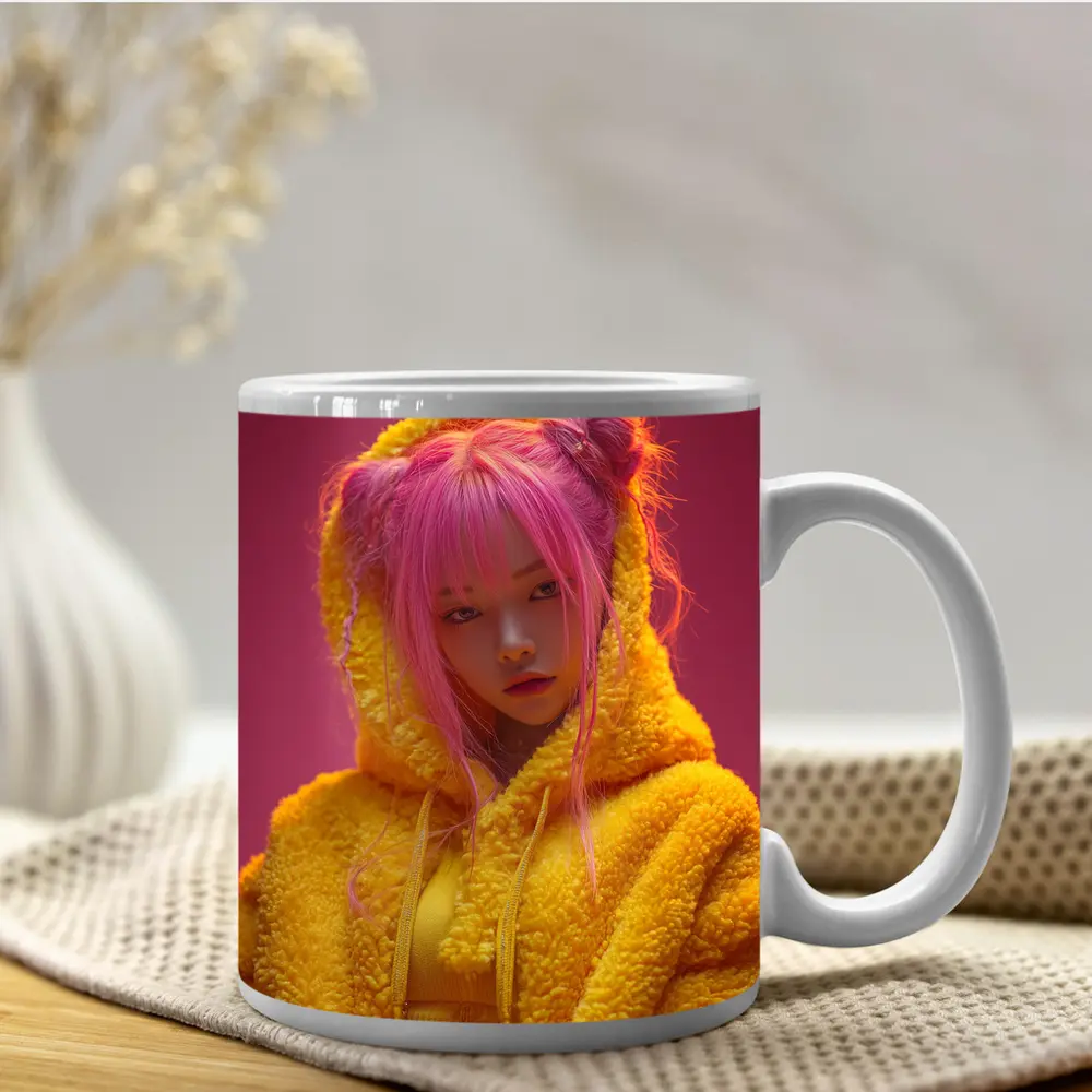 Pink Hair Girl Yellow Hoodie Pink Background – Mugs