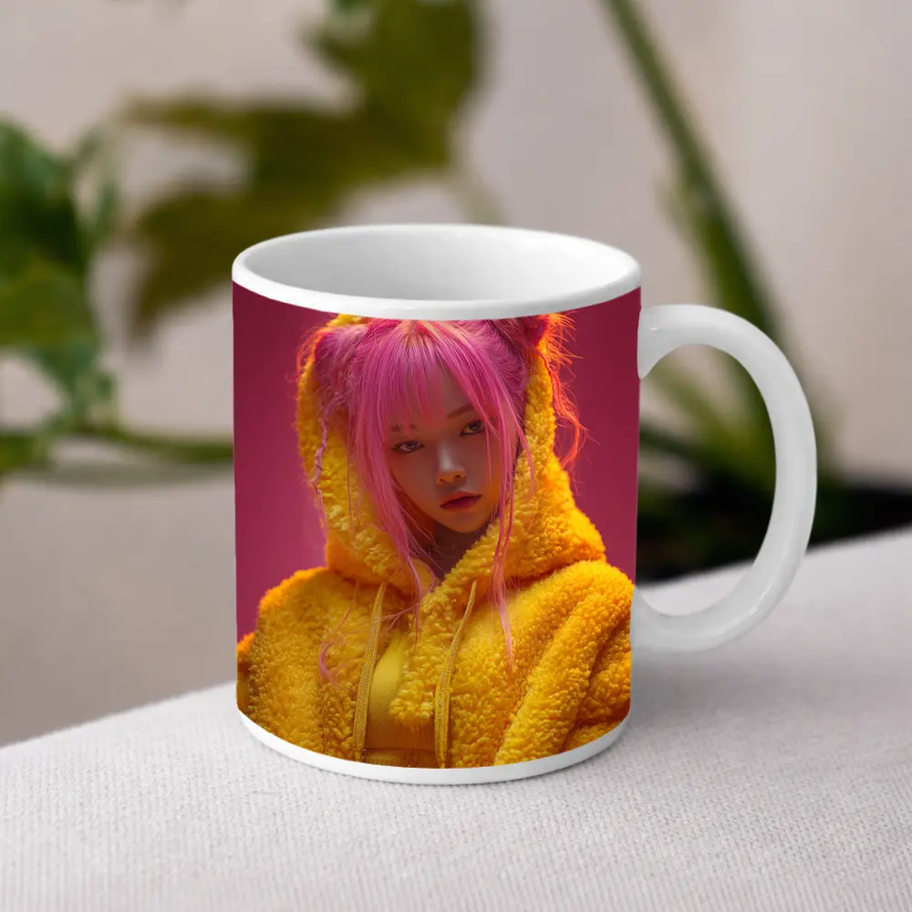 Pink Hair Girl Yellow Hoodie Pink Background – Mugs