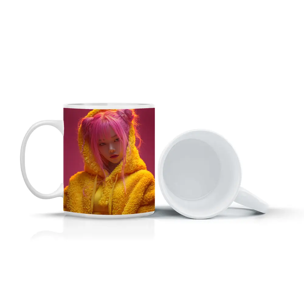 Pink Hair Girl Yellow Hoodie Pink Background – Mugs