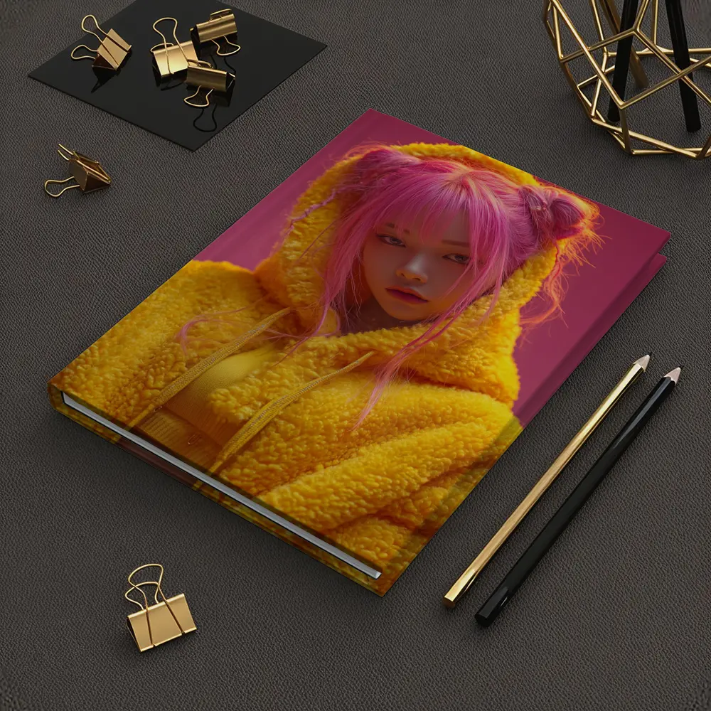 Pink Hair Girl Yellow Hoodie Pink Background – Notebooks