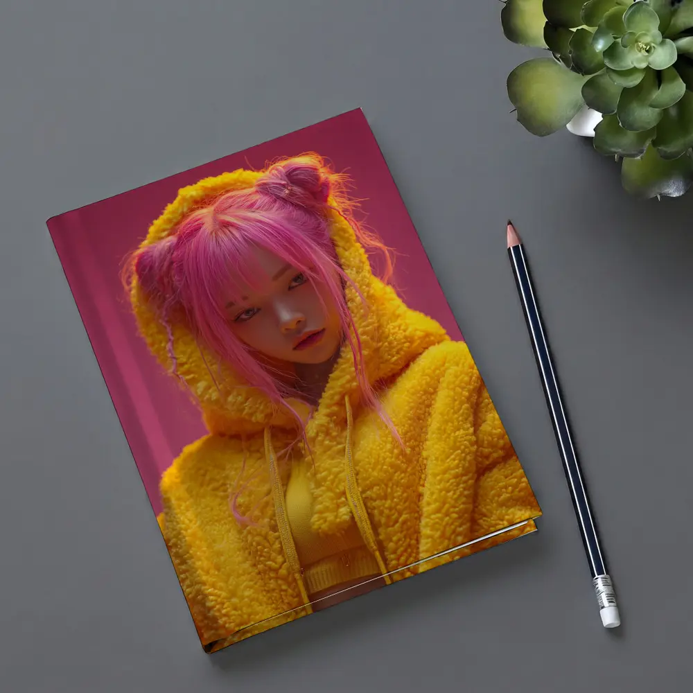 Pink Hair Girl Yellow Hoodie Pink Background – Notebooks