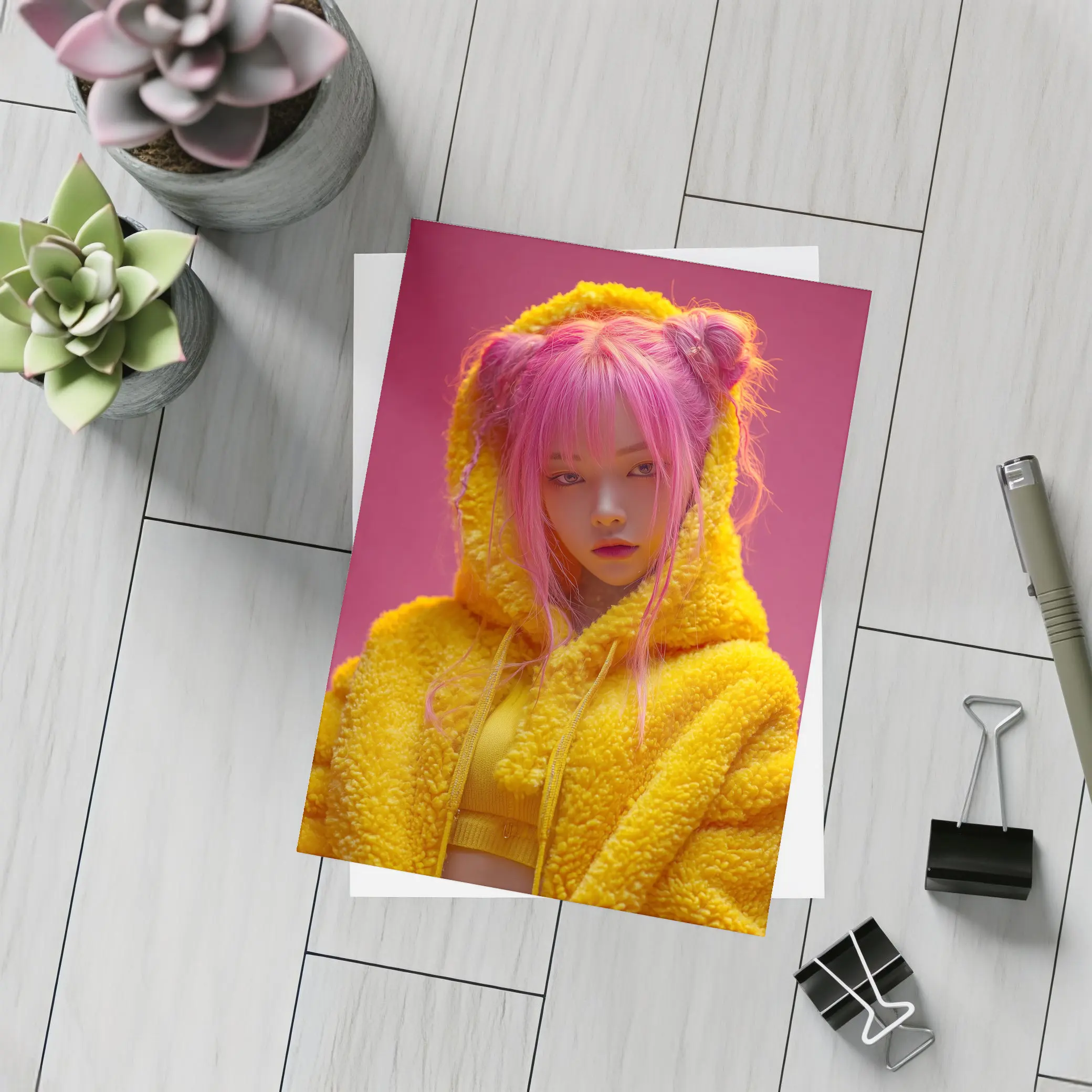 Pink Hair Girl Yellow Hoodie Pink Background – Postcards