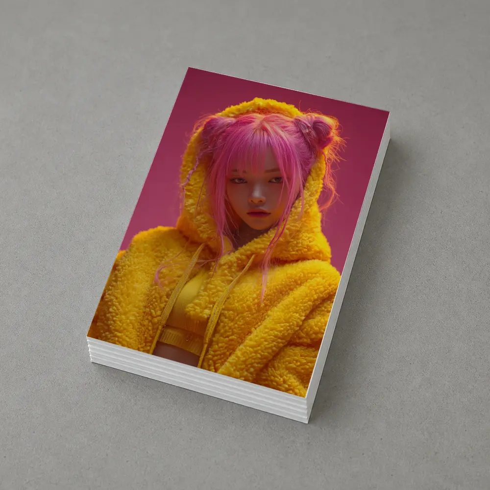 Pink Hair Girl Yellow Hoodie Pink Background – Postcards