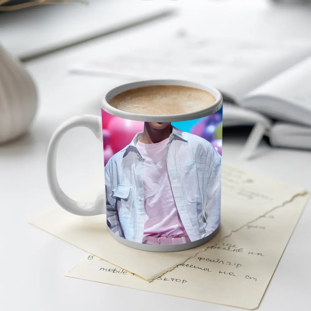 Young Korean Man Pastel Balloon Studio Background – Mugs
