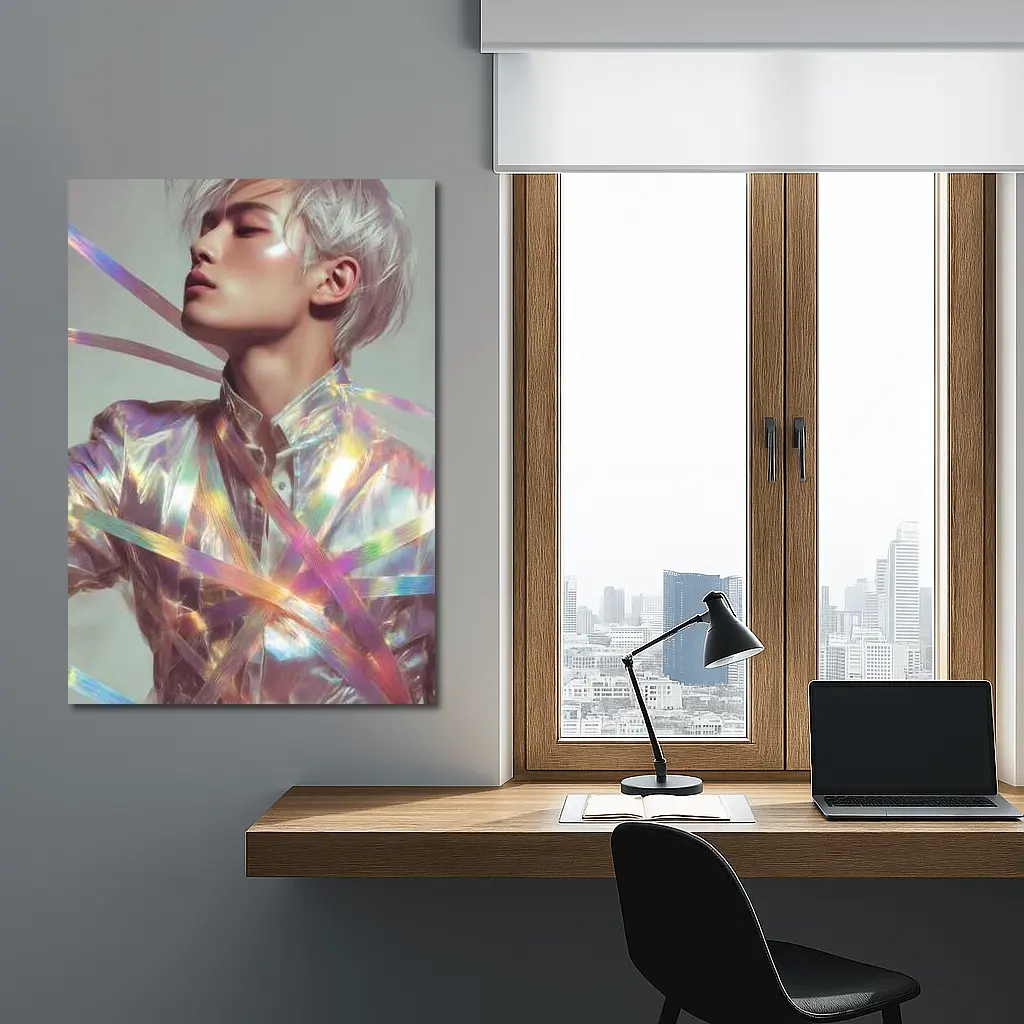 Young Man Holographic Ribbons Iridescent Fashion Portrait – Wall Art