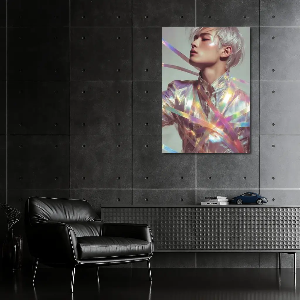 Young Man Holographic Ribbons Iridescent Fashion Portrait – Wall Art