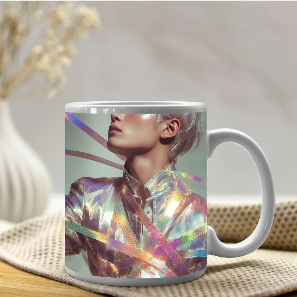 Young Man Holographic Ribbons Iridescent Fashion Portrait – Mugs