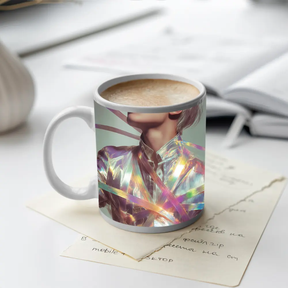 Young Man Holographic Ribbons Iridescent Fashion Portrait – Mugs