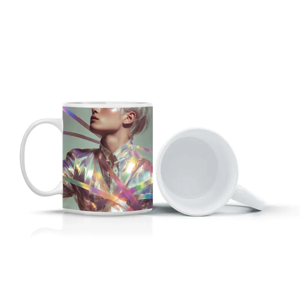 Young Man Holographic Ribbons Iridescent Fashion Portrait – Mugs