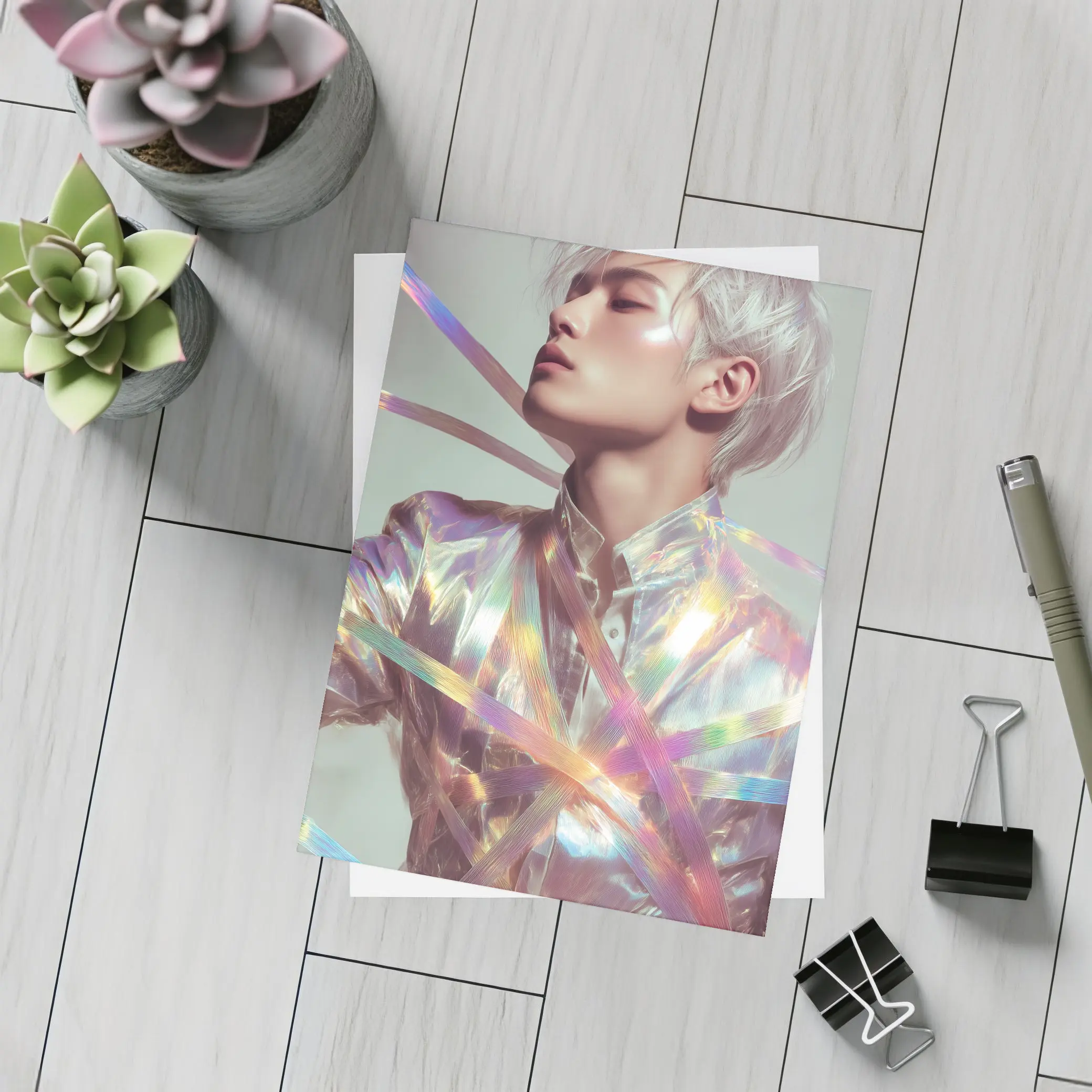 Young Man Holographic Ribbons Iridescent Fashion Portrait – Postcards