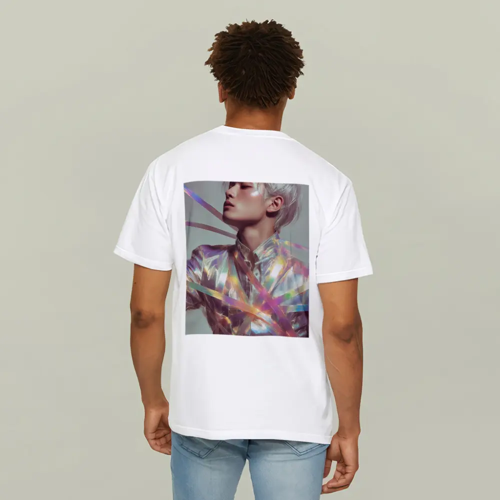 Young Man Holographic Ribbons Iridescent Fashion Portrait – T-Shirts