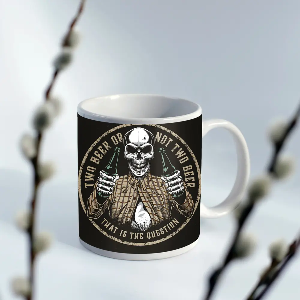 Skull Holding Beer Bottles Circular Badge – Mugs