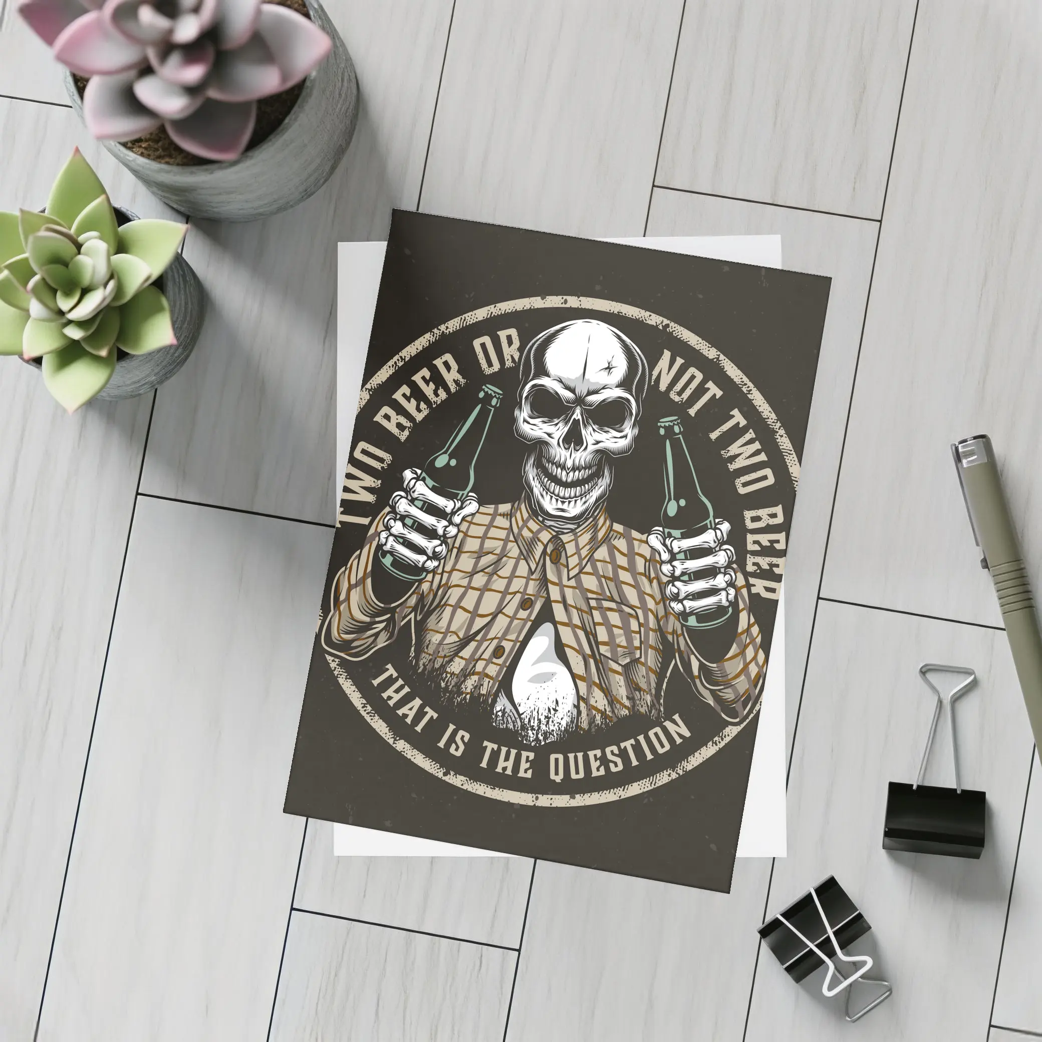 Skull Holding Beer Bottles Circular Badge – Postcards