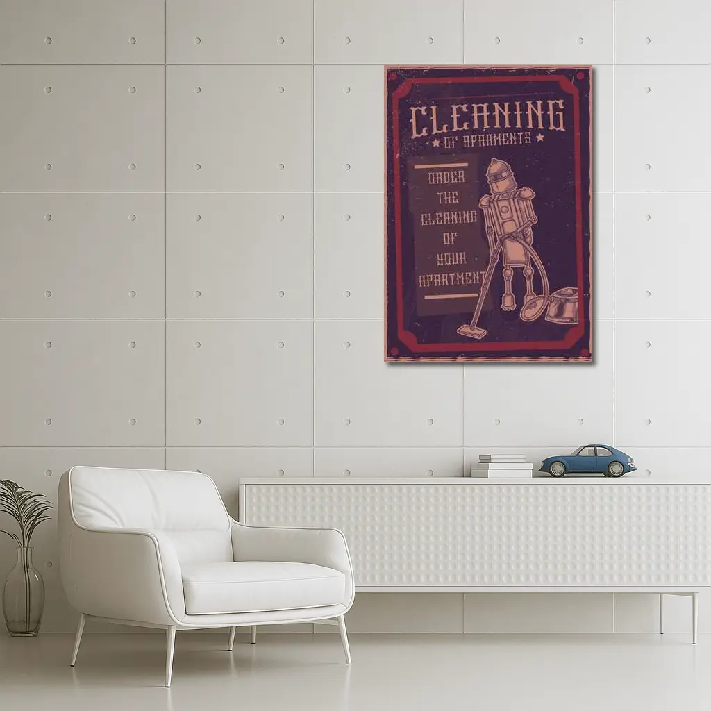 Retro Robot Vacuuming Apartment Cleaning Vintage Art – Wall Art