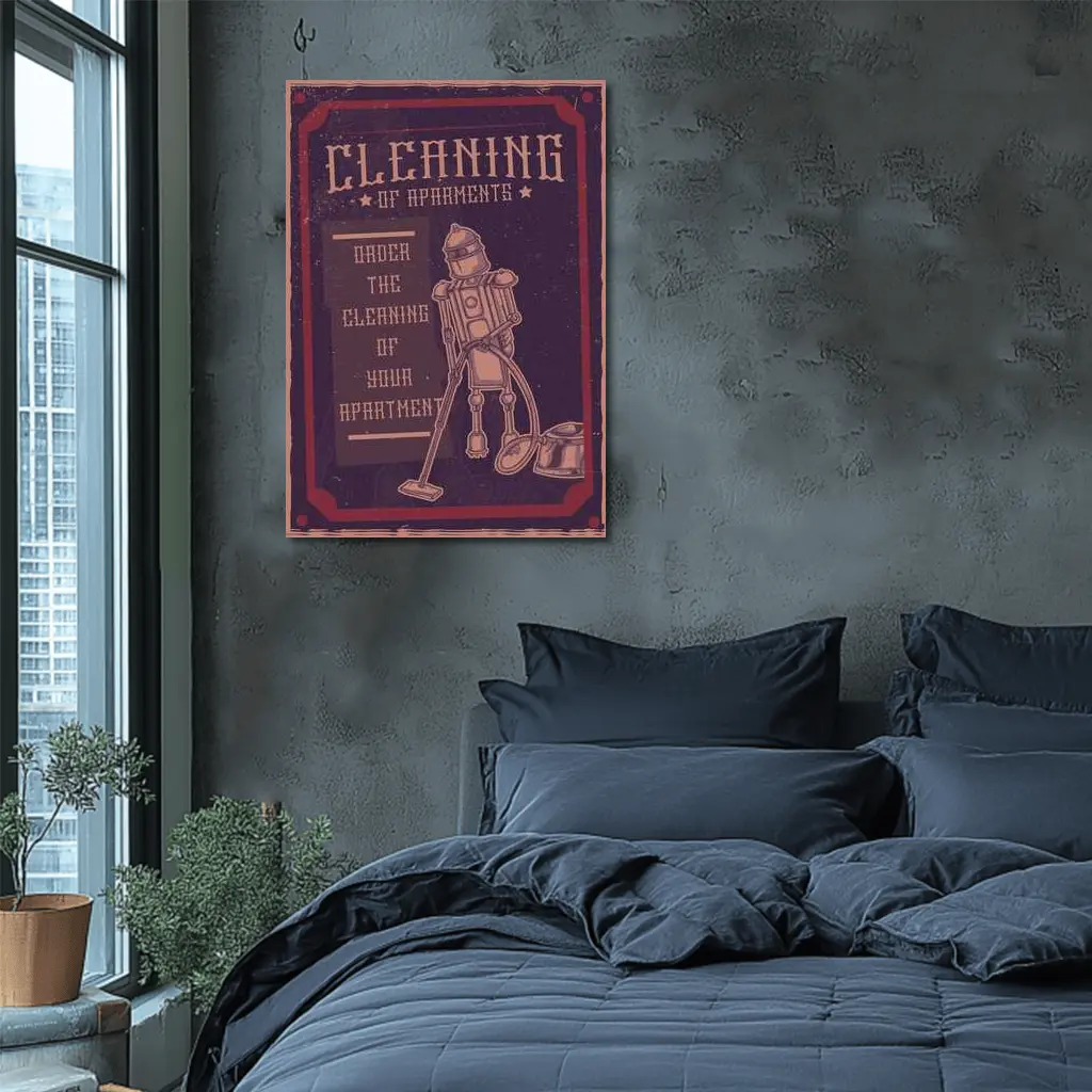 Retro Robot Vacuuming Apartment Cleaning Vintage Art – Wall Art