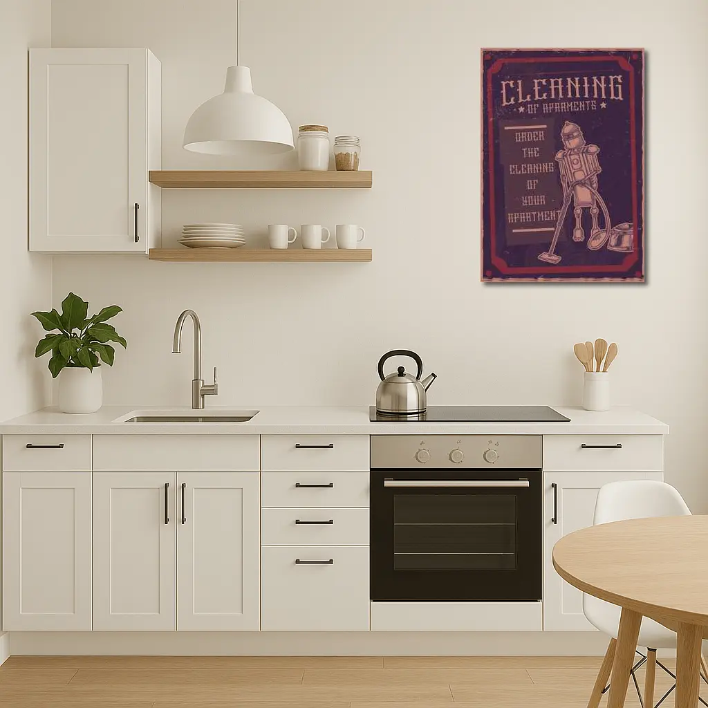 Retro Robot Vacuuming Apartment Cleaning Vintage Art – Wall Art