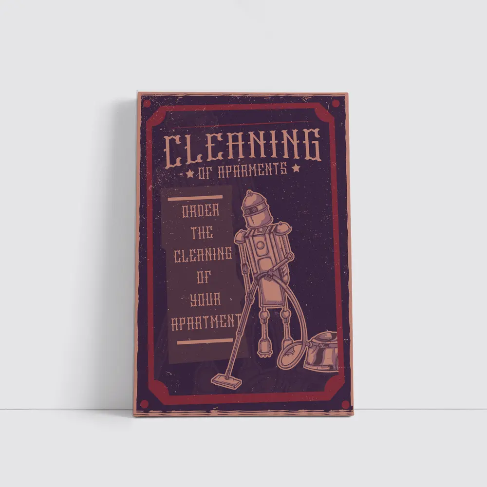 Retro Robot Vacuuming Apartment Cleaning Vintage Art – Wall Art