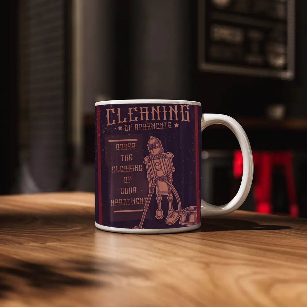 Retro Robot Vacuuming Apartment Cleaning Vintage Art – Mugs