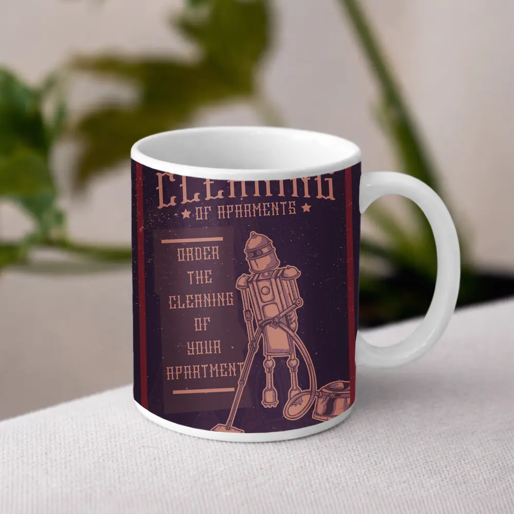 Retro Robot Vacuuming Apartment Cleaning Vintage Art – Mugs