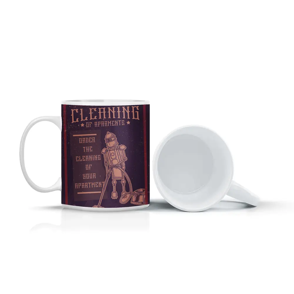 Retro Robot Vacuuming Apartment Cleaning Vintage Art – Mugs