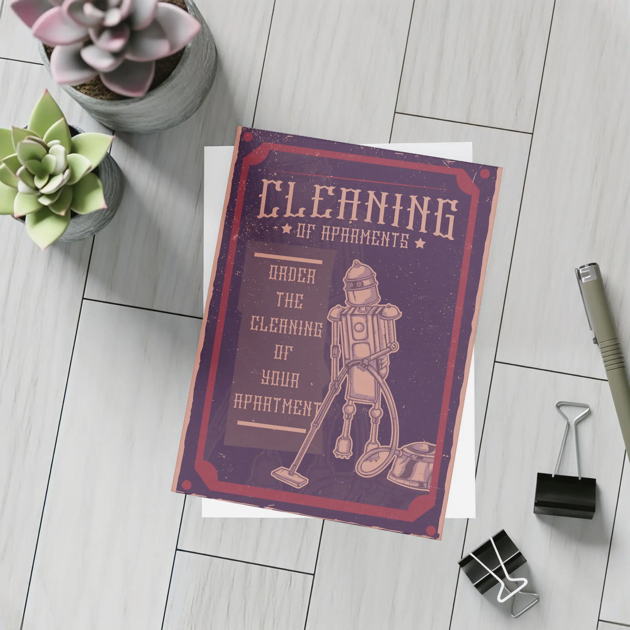 Retro Robot Vacuuming Apartment Cleaning Vintage Art – Postcards