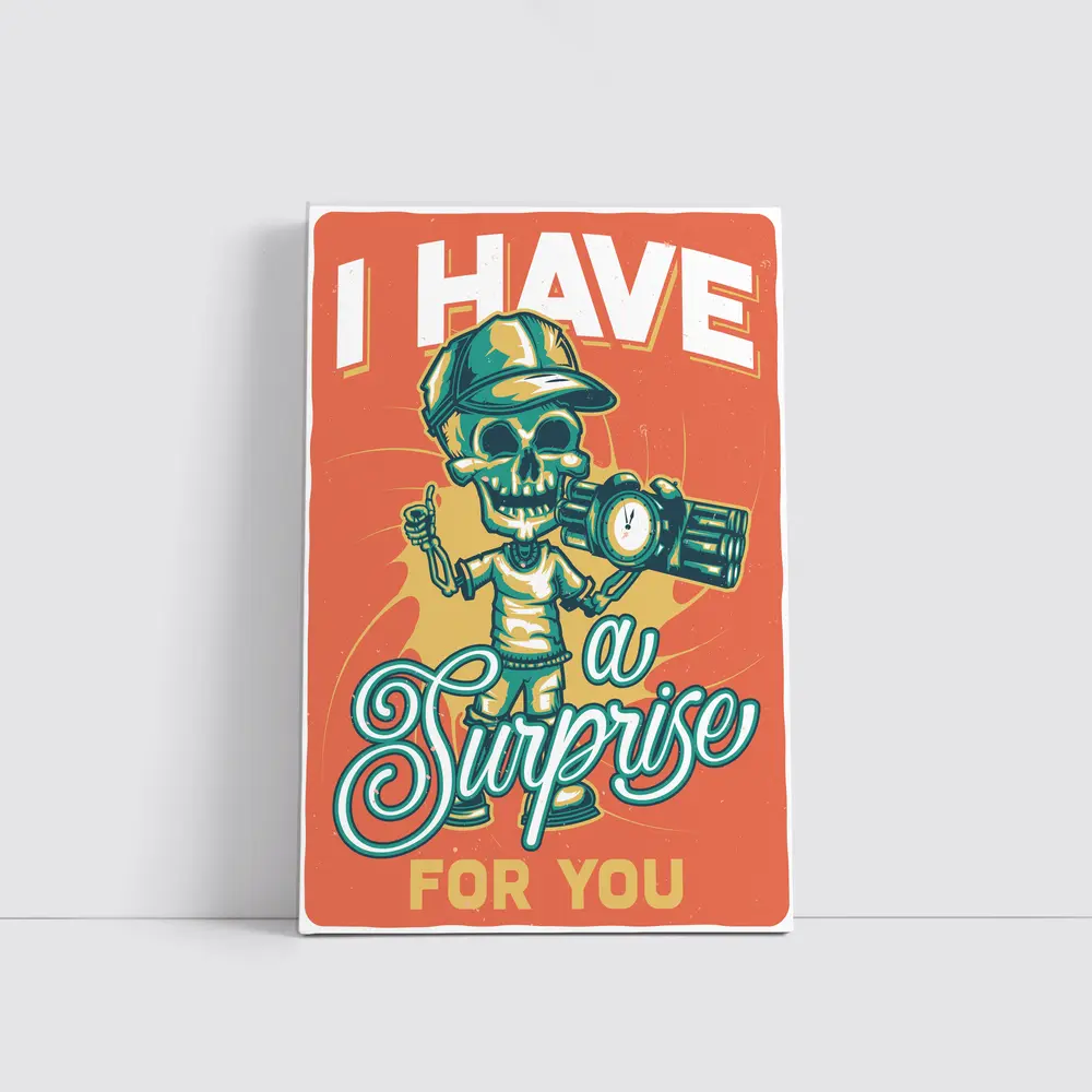 Skeleton Skull Holding Bomb Retro Grunge – Wall Art