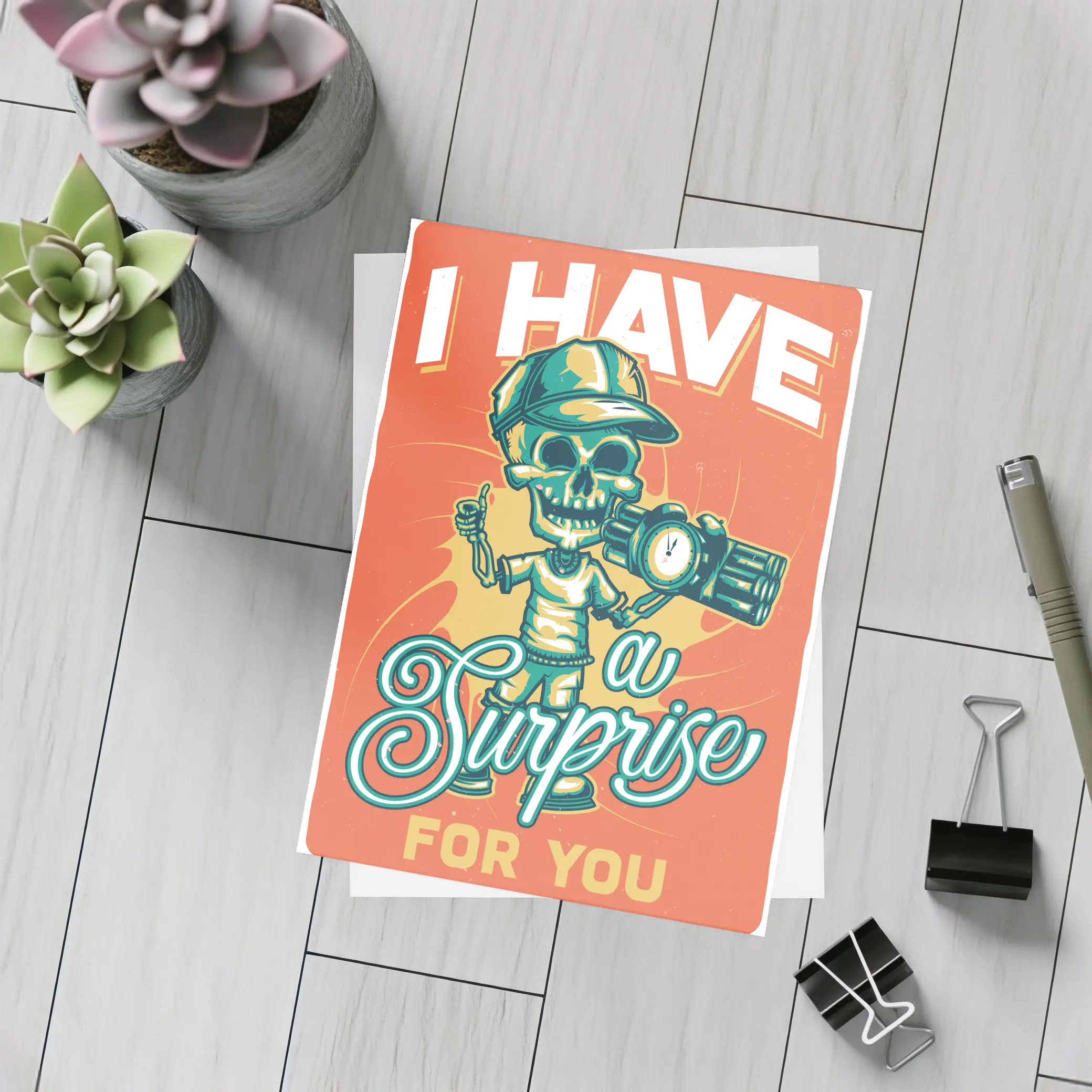 Skeleton Skull Holding Bomb Retro Grunge – Postcards