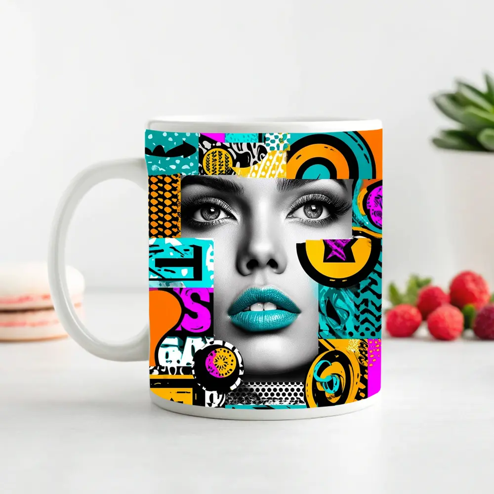 Pop Art Woman Face Colorful Abstract Collage – Mugs