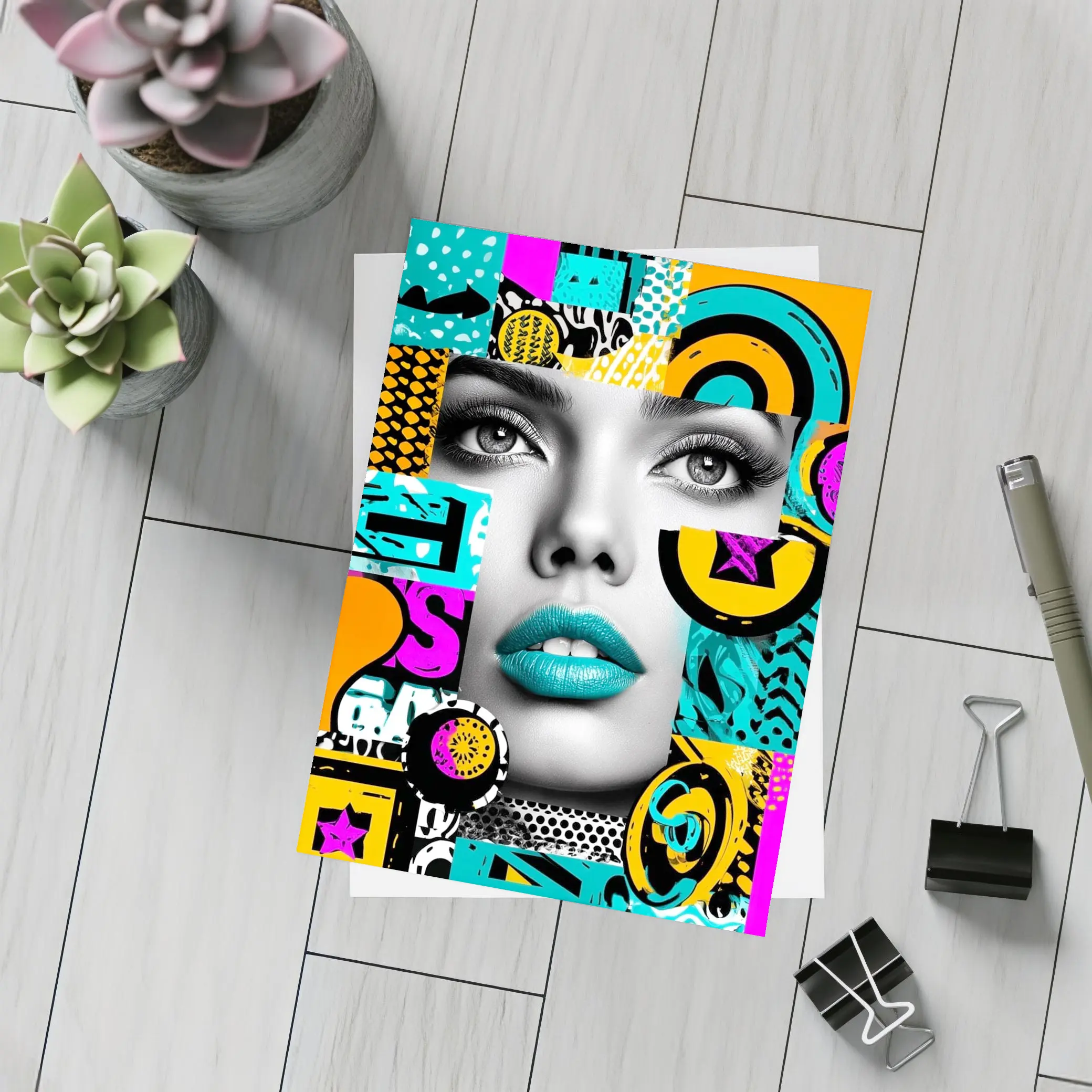 Pop Art Woman Face Colorful Abstract Collage – Postcards